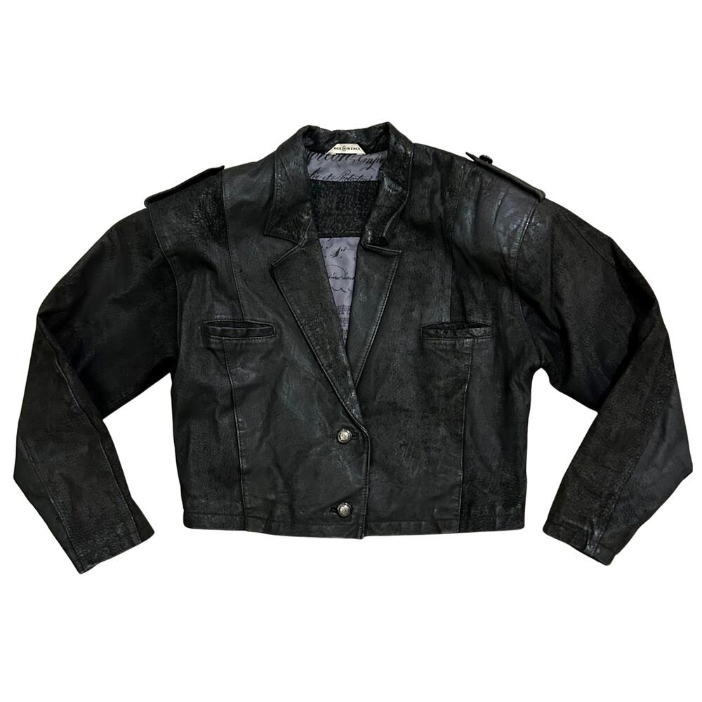 Vintage 90s Express Cropped Leather Blazer Military Epaulettes Black Distressed
